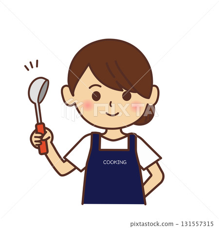 Illustration of a person wearing an apron: child, boy, girl, mother, ladle, cooking, upper body, simple, shop assistant, 131557315