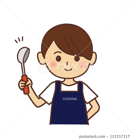 Illustration of a person wearing an apron: child, boy, girl, mother, ladle, cooking, upper body, simple, shop assistant, 131557317