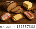 Rustic open sandwiches with bread, butter and toppings 131557388