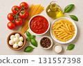 Italian pasta ingredients with tomato sauce 131557398