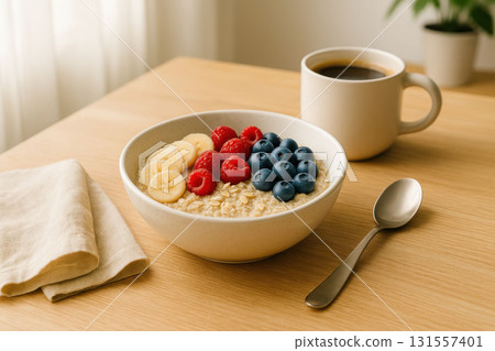 Healthy oatmeal bowl with fruit and coffee 131557401