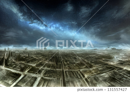 Game background: Ruins of a ruined city, horizon, and a beautiful starry sky 131557427