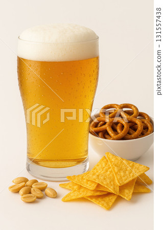Glass of beer with pretzels chips and peanuts Glass of beer with pretzels chips and peanuts 131557438