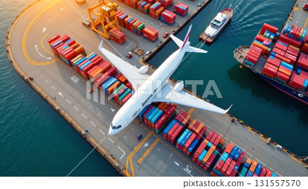 An airport tarmac scene where a large white airplane is positioned in front of a docking area filled with multiple shipping contai 131557570
