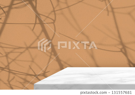 White Marble Table with Tree Shadow on Beige Concrete Wall Texture Background 131557681