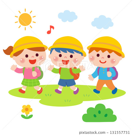 Illustration of children walking on a field trip Illustration of children walking on a field trip 131557731
