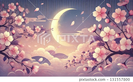 一幅日本浮世繪風格的插圖，描繪了春天的夜空，盛開的櫻花和一彎閃耀的新月 131557800