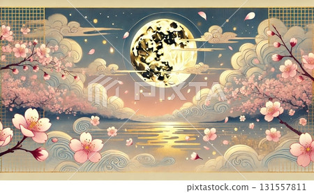 一幅日式插畫，描繪了湖邊夢幻般的春夜，櫻花盛開，一輪閃耀的滿月反射著金色的光芒。 131557811