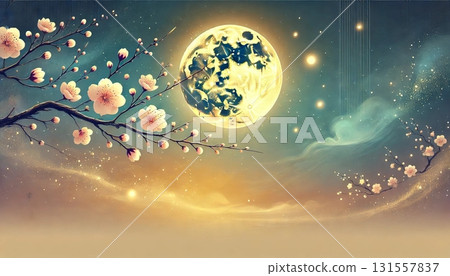 櫻花盛開、金月高懸的神奇春夜，星空瀰漫著靜謐與美麗的和諧 131557837
