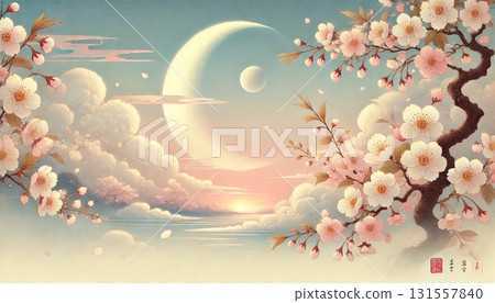 A dreamlike scene of a tranquil Japanese spring landscape, with pale morning glow and crescent-shaped cherry blossoms. A dreamlike scene of a tranquil Japanese spring landscape, with pale morning glow and crescent-shaped cherry blossoms. 131557840