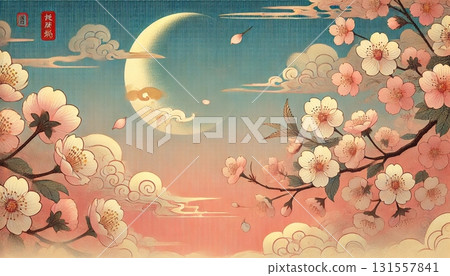 A fantastical Japanese sky, decorated with a crescent moon and cherry blossoms blooming in the spring mist - a dreamlike scene woven with pale light and clouds A fantastical Japanese sky, decorated with a crescent moon and cherry blossoms blooming in the spring mist - a dreamlike scene woven with pale light and clouds 131557841