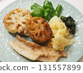 Stuffed lotus root, home-cooked meals by my wife, dinner at home, happy family 131557899