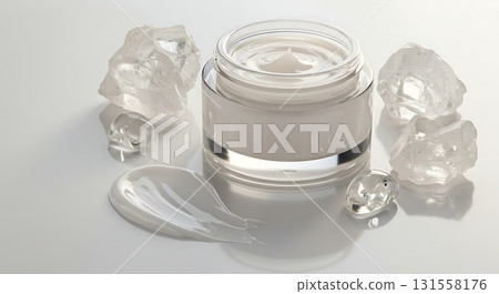Elegant skincare cream with crystal accents for a modern beauty campaign, promising radiant, healthy skin with a touch of luxury and scientific innovation 131558176