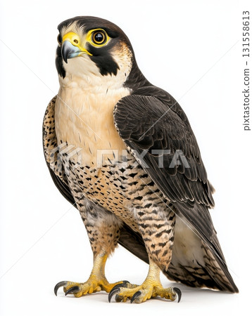 Majestic Peregrine Falcon Standing Proud Against White Background Majestic Peregrine Falcon Standing Proud Against White Background 131558613