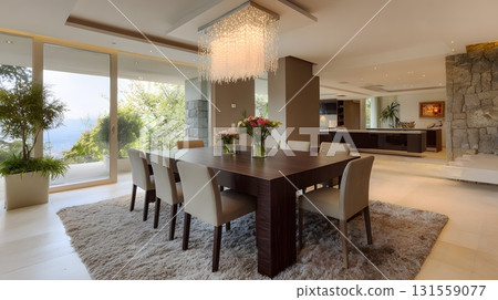 Stylish dining room interior with uncluttered arrangement 131559077