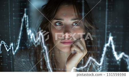 woman looking anxious at declining chart hologram 131559398