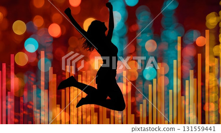 happy woman jumping with glowing bar graph background happy woman jumping with glowing bar graph background 131559441