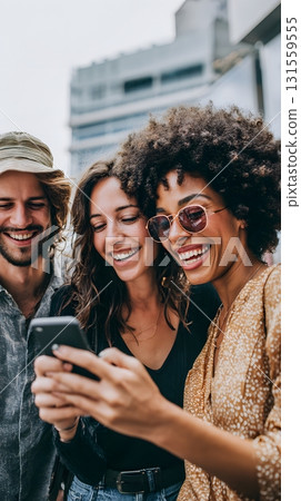 Group of friends smiling while checking investment app 131559555