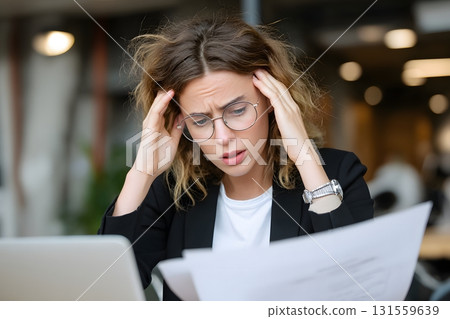 Businesswoman worried while reading risky report 131559639