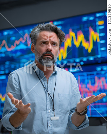 Investor with confused expression in front of fluctuating data 131559650