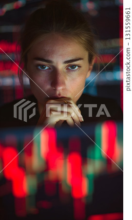 Nervous investor looking at red and green candlestick chart Nervous investor looking at red and green candlestick chart 131559661