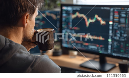 Trader drinking coffee while watching unstable charts 131559663