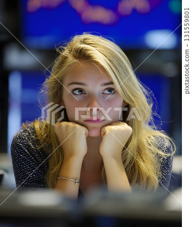 Woman staring sadly at closed trading screen 131559801
