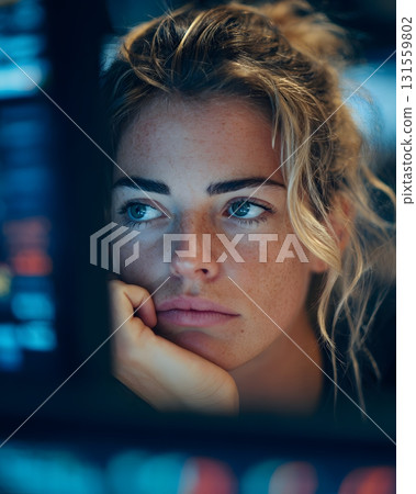 Woman staring sadly at closed trading screen 131559802