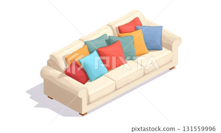 Isometric 3D oversized family sofa cozy cushions isolated on plain white Isometric 3D oversized family sofa cozy cushions isolated on plain white 131559996
