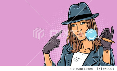 Confident female detective pointing to herself pop art banner 131560004
