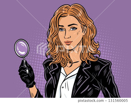 Female detective agent with magnifying glass pop art vector Female detective agent with magnifying glass pop art vector 131560005