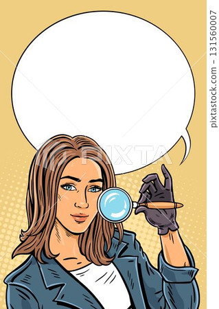 Female detective with magnifying glass pop art poster Female detective with magnifying glass pop art poster 131560007