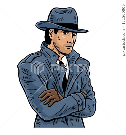 Hardboiled detective portrait in trench coat and fedora Hardboiled detective portrait in trench coat and fedora 131560009