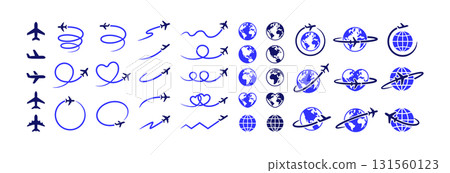 Set of flying airplanes, simple globe icon and airplane and travel icon 131560123