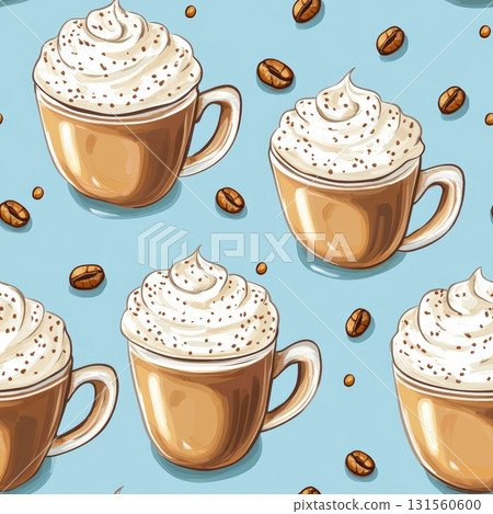A playful pattern featuring coffee cups topped with whipped cream on a light blue background, 131560600