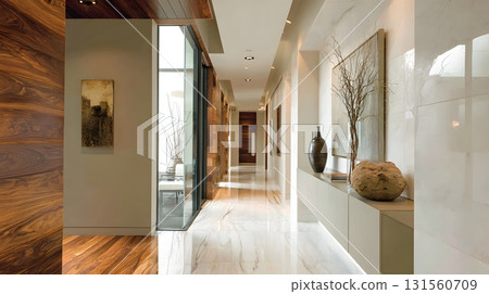 Sleek modern hallway with bright neutral tones 131560709
