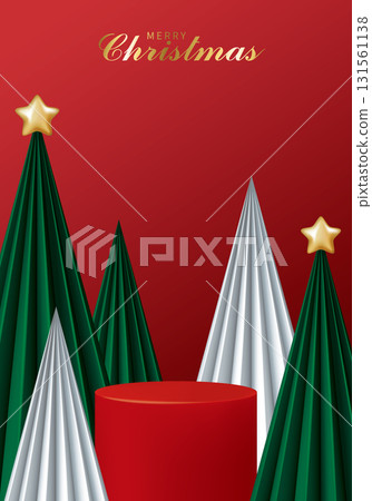 3D Christmas tree, decorations and round merchandise display platform on red background, Christmas vertical advertising poster flyer material picture 131561138