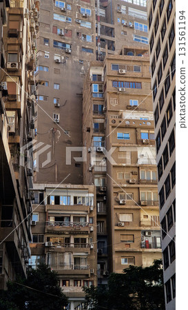 Cairo, Egypt. Panoramic view of Cairo from drone point of view. Mosques and rooftops of buildings.   131561194