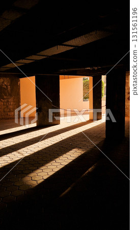 Empty underground parking lot. Big parking garage  131561196