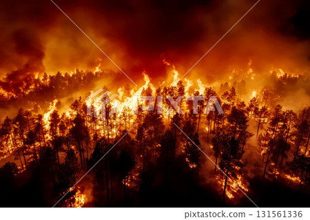 Forest Fire, Consequences of Poor Environmental Management and Climate Change - Vast Forest Engulfed in Flames and Smoke Forest Fire, Consequences of Poor Environmental Management and Climate Change - Vast Forest Engulfed in Flames and Smoke 131561336