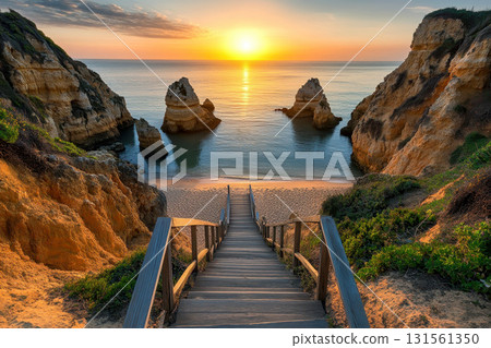 Relaxing Beach Getaway. Wooden Stairs Leading to Sunny Beach . 131561350