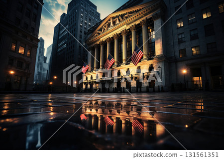 stock exchange at night with American flag hanging on the building. 131561351