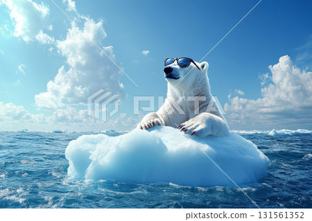 A cool polar bear wearing sunglasses, relaxing on an iceberg, showcasing a fun and whimsical scene. 131561352
