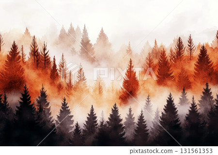 Water color painting of autumn forest. Illustration of autumn multicolored deciduous forest for Christmas design. Misty abstract background, festive frame or border 131561353