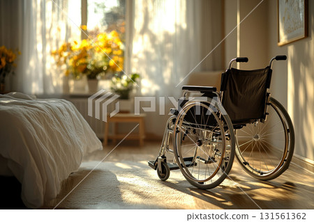 Empty wheel chair in a bed room . Wheelchair in a nursing home. Empty wheel chair in a bed room . Wheelchair in a nursing home. 131561362