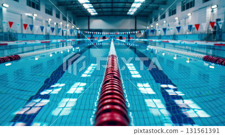 Indoor swimming pool lanes with focused lane ropes and blurred background 131561391