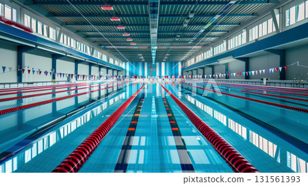 Indoor swimming pool lanes with focused lane ropes and blurred background 131561393