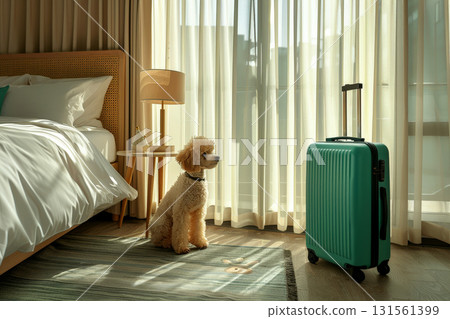 a dog sit near luggage in the a cozy hotel room with a neatly made bed. Creative concept Air transport of pets. Generative AI photo imitation. 131561399
