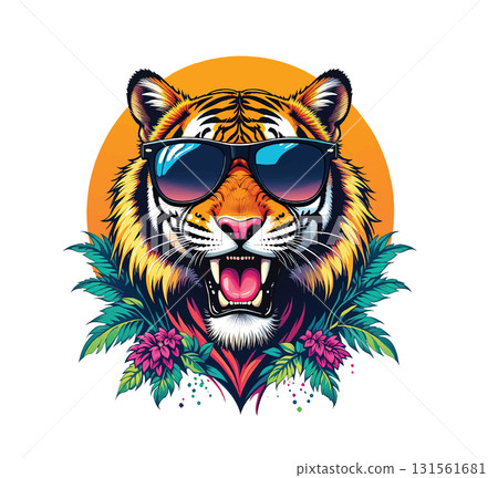Vector of Aggressive tiger head wearing sunglasses, set against a vibrant tropical background of palm leaves and exotic flowers. 131561681