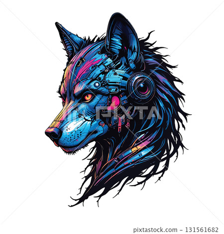 Vector of cyberpunk wolf head in side profile, featuring a mechanical, futuristic, and neon colored robotic, cyborg design. 131561682